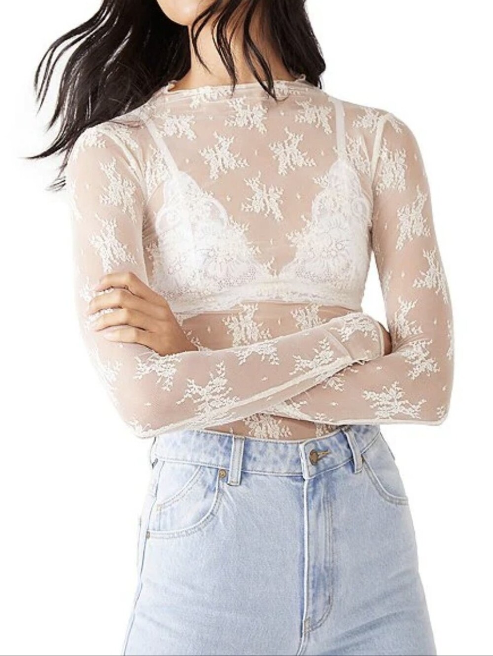 NWT Free People Lady Lux Jacquard Sheer Mock Neck Long Sleeve Layering Top
